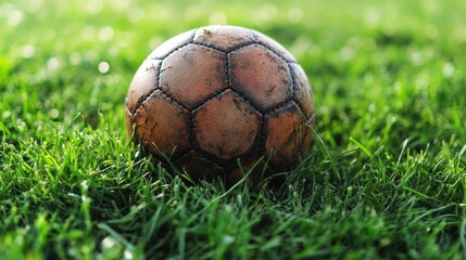 Sticker - Vintage Soccer Ball Resting in Lush Green Grass