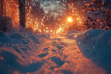 Poster - snow-covered ground with blurred lights in the background, creating an atmosphere of magic and warmth during the Christmas season. 