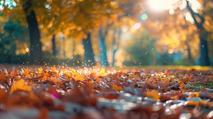 Wall Mural - Vivid autumn foliage in park with soft sunlight and bokeh, wide view