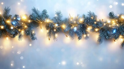 Soft bokeh background with Christmas garland lights in gold and blue, creating a cozy festive ambiance