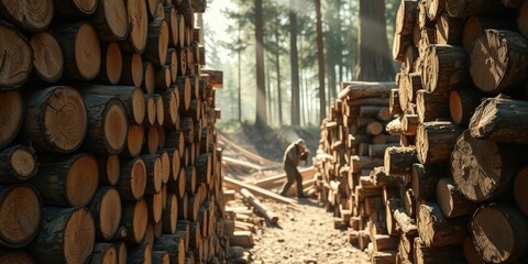 Wall Mural - A Stack of Timber Logs in a Sun-Dappled Forest with a Man in the Distance