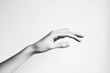 Poster - A monochrome photograph depicting a single human hand reaching out into an empty space, symbolizing connection, longing, and the human touch in a minimalist style.