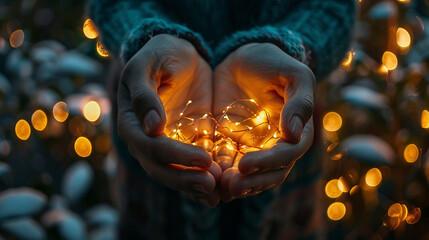a close shot of hands cupping a glowing light, symbolizing inner positivity and warmth.
