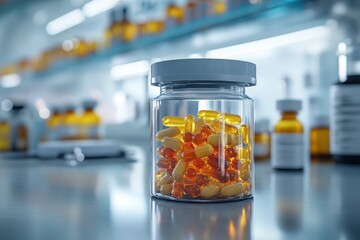 Capsules and supplements in a clear jar on a lab table in a well-lit pharmacy setting