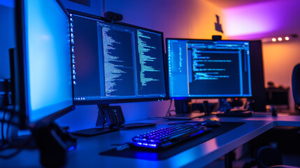 Two computer monitors displaying coding activities in a dimly lit workspace with blue lighting at night