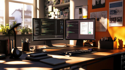 two computer monitors displaying coding activities in a dimly lit workspace with blue lighting at ni
