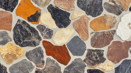 Top view of pebble stone texture with various shapes and colors, creating a natural and organic look