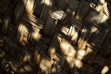 Fototapete - A detailed view of a rustic wooden basket with intricately woven patterns, highlighted by natural light creating soft, textured shadows across its surface.