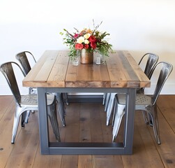 Rustic Farmhouse Dining Table with Metal Chairs