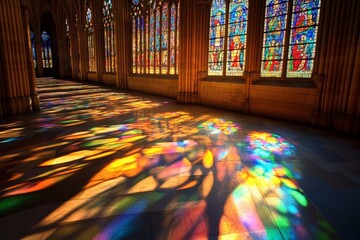 Aufkleber - Colorful reflections from stained glass windows in a Gothic cathedral, spreading vibrant hues across the stone floor, creating a mesmerizing light display.