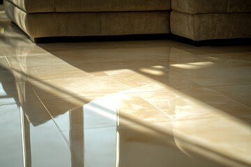 Aufkleber - A beige-colored sofa sits in a room with sunlight casting intricate reflections on polished floor tiles, creating a warm and inviting atmosphere.