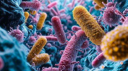 A vibrant microscopic view of bacteria, showcasing various colors and shapes in a rich, textured environment.