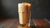 Creamy Caramel Latte in Elegant Glass Indulging Sweet Cravings on Rustic Wooden Table