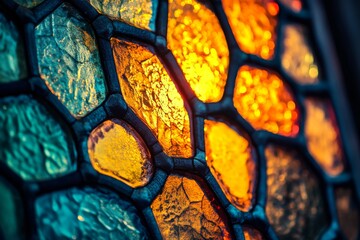 Poster - This vibrant close-up image showcases a beautiful stained glass window illuminated by sunlight, reflecting a mix of blues and oranges that convey creativity and art.