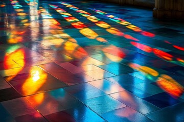 Poster - The smooth tiled floor captures the colorful array of light, as sunlight filters through stained glass, creating a mesmerizing and dynamic play of colors and shapes.
