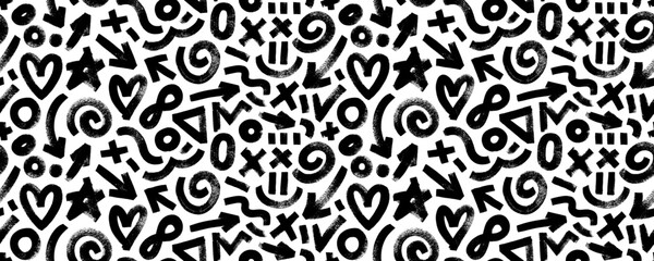 Abstract geometric seamless pattern drawn by bold brush. Doodle grunge background design. Doodle shapes, brush drawn arrows, hearts, stars and squiggles. Geometric figures and objects.