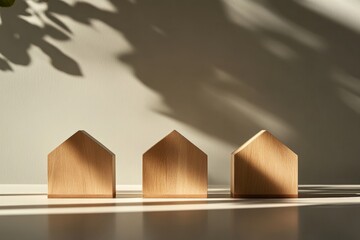 Aufkleber - Three simple wooden house blocks stand side-by-side, their natural wood texture highlighted by sunlight, creating intriguing play of light and shadow on surfaces.