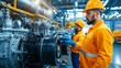 © khairulz - Two workers in safety gear inspecting an aircraft engine in an industrial setting.