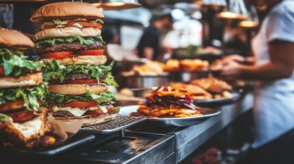 Two massive, stacked burgers with lettuce, tomato, and cheese, on a food truck stand.