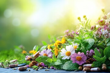 Colorful herbal flowers and capsules in a vibrant green garden under soft sunlight