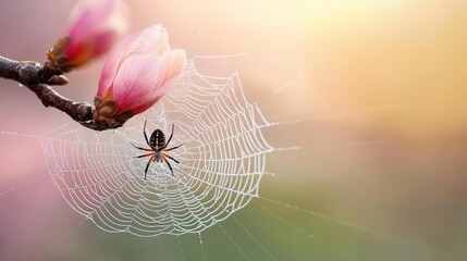 Closeup of a spider s web with a tiny fly caught, delicate threads, high wildlife detail