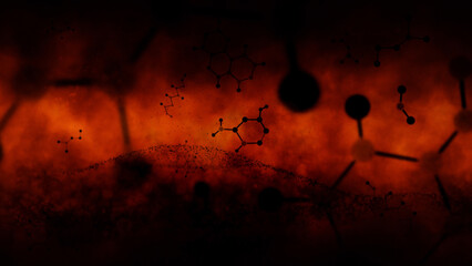 Poster - dangerous toxic abstract chemical molecule bonds illustration on dark red background.