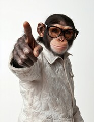 Wall Mural - a cool monkey wearing black glasses and a white jacket points at the camera with attitude and humor,