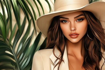 Stylish woman in beige clothes and panama hat.