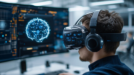 Aufkleber - man wearing virtual reality headset explores digital brain interface in futuristic office, highlighting integration of technology and human interaction