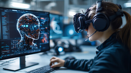Aufkleber - person wearing virtual reality goggles interacts with digital interface displaying human head made of data points, symbolizing integration of AI in technology