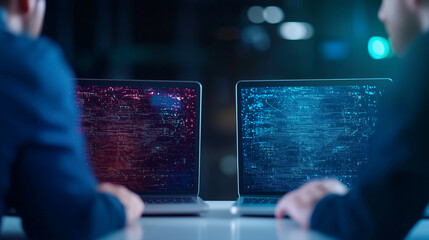 Two people working on laptops with digital code displayed on screens, highlighting comparison between traditional and next generation SD WAN technology