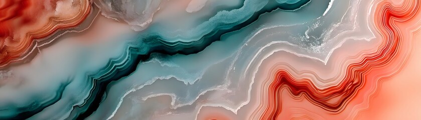 Wall Mural - Abstract Agate Slice with Wavy Bands of Red, Teal, and White