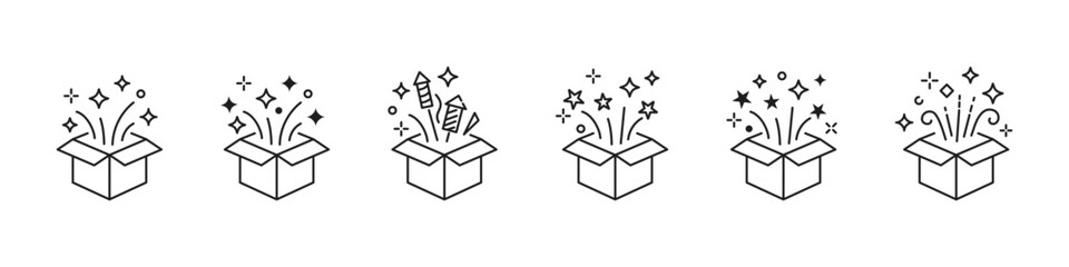 Magic box icon set. Surprise gift box for party, present for Christmas. Vector style