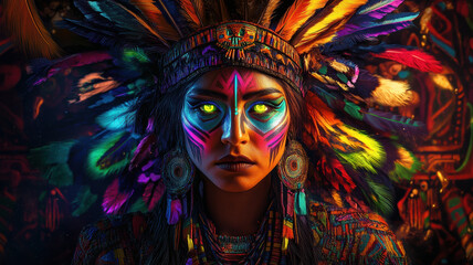 A woman in neon makeup and Aztec attire, with glowing eyes and a fierce expression, is surrounded by a mystical aura and ancient patterns.