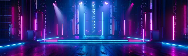 Wall Mural - Background of empty stage show. Neon light and laser show. Laser futuristic shapes on a dark background. Abstract dark background with neon glow. 