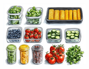 Set of trays for storing food with vegetables and fruits. Watercolor style illustration isolated on white background