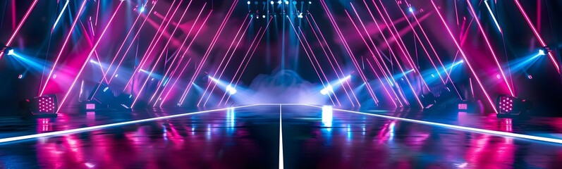 Wall Mural - Background of empty stage show. Neon light and laser show. Laser futuristic shapes on a dark background. Abstract dark background with neon glow. 