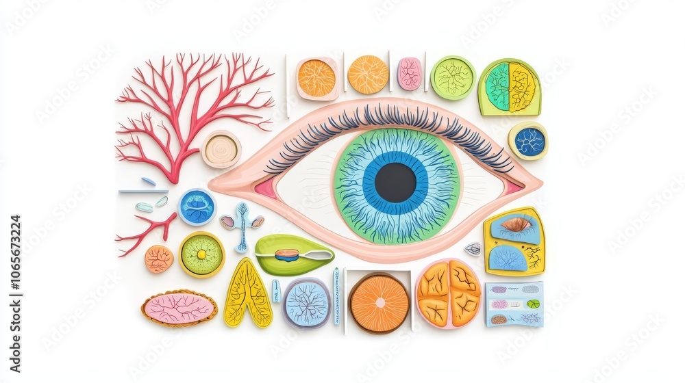 Colorful eye anatomy illustration featuring cells and structures ...
