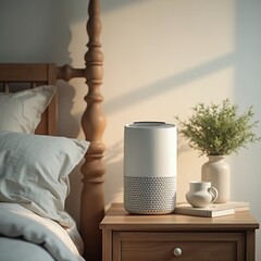 A photograph of a stylish air purifier on a bedside table in a serene bedroom, with soft lighting and a calming color palette.