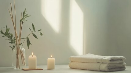 Burning candles and clean towels are waiting on the massage table in a spa center, creating a relaxing and peaceful atmosphere