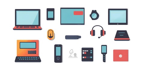 Set, Collection of Icons of Electronics, Electrical Products, Computers, Home Appliances, Colorful, on White Background, 9:16 and 16:9 Format