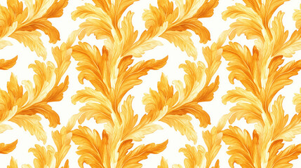 Seamless watercolor pattern featuring stylized golden acanthus leaves ideal for textile design and home decor