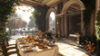 © GoldPumaze - An opulent villa with a sprawling garden, hosting a Thanksgiving feast.