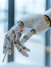 Aufkleber - The robotic prosthetic hand demonstrates precision as it gently grasps a small object, showcasing advanced technology. Generative AI