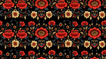 Seamless pattern featuring luxurious embroidery stitches with floral motifs ideal for textile design and fashion applications