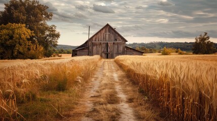 A picturesque barley farm with a rustic barn and a dirt path leading through the fields