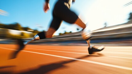 Poster - An athlete is sprinting on a track, showcasing determination while using a prosthetic leg in bright sunlight. Generative AI