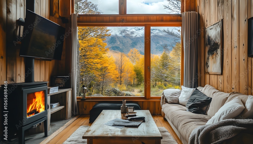 Photo of the interior of an elegant and cozy cabin in Patagonia, wood ...