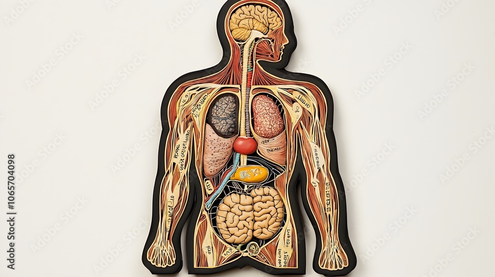 Detailed paper cut style anatomy diagram with layered organs bones and ...