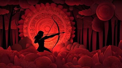 Dramatic layered paper cut style of an archer aiming a bow in a moody atmospheric forest landscape with layered targets arrows and geometric elements